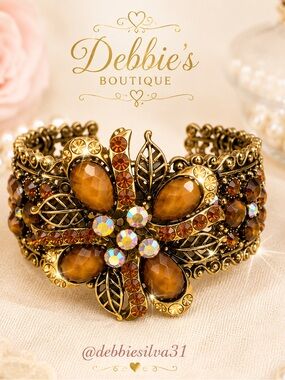 NWT One-of-a-Kind Amber Crystal Floral Adjustable Cuff Bracelet Boutique